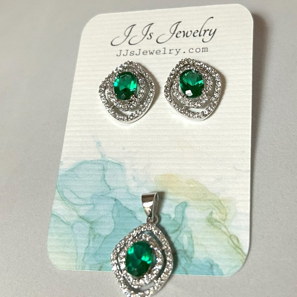 Vintage 925 Double Halo Emerald Color CZ Earrings and Pendant Set